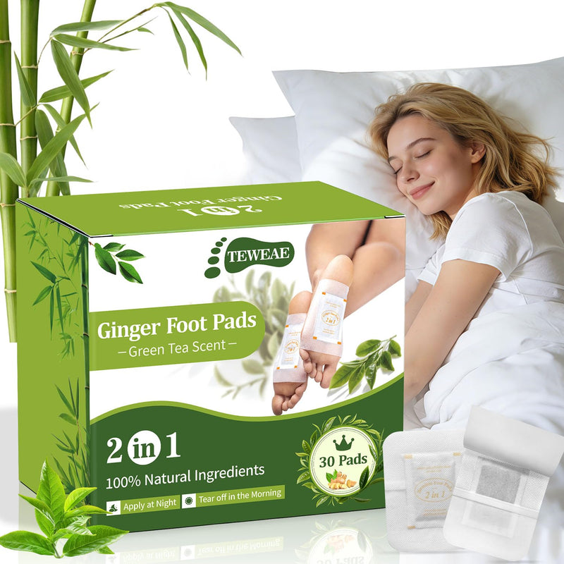 Green Tea Bamboo Vinegar Foot Pads with Ginger, 2 in 1 Design Premium Herbal Foot Care Patches. Use During Sleep. for Tired Feet, Stress & Fatigue Relief, for Better Sleep, Feel Better, 30 Count 30 Pads