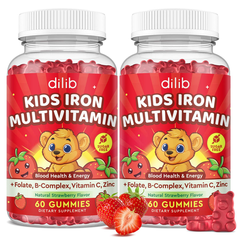Iron Supplement Gummies for Kids, Kids Multivitamin with Iron Gummies - Zinc, Vitamin B Complex, A, C, D3, B12, Folate for Blood Builder & Energy Support, Iron Deficiency, Vegan Strawberry 120ct 60 Count (Pack of 2)