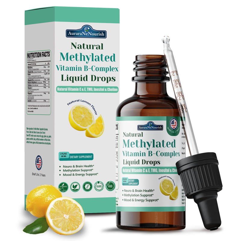 Methylated B Complex Liquid Drops, 9-in-1 Super B-Complex Methylated Multivitamin w. Methylfolate B12 TMG Inositol Vitamin C E, Methyl Vitamin B Complex for Men & Women | MTHFR Support | Energy & Mood Lemon 2 Fl Oz (Pack of 1)