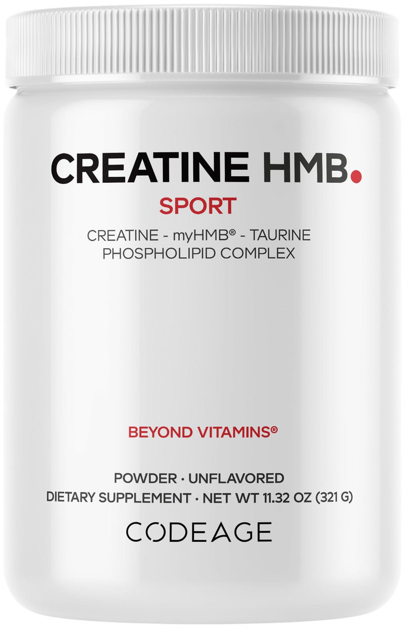 Codeage Creatine HMB Powder, myHMB, Taurine, Vitamin D3, Unflavored, 11 Oz | Creatine monohydrate 5 g with myHMB, taurine and vitamin D3, liposomal. Unflavored powder. Non-GMO.