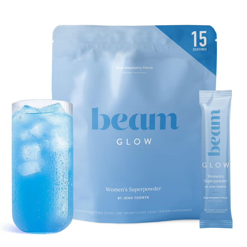 BEAM Glow Hormone Support & Cortisol Supplement for Women - Daily Vitamins for Women with Ashwagandha, Selenium, Zinc, Vitamin A, for Cycle Health, Mood & Energy, Blue Raspberry, 15 Servings