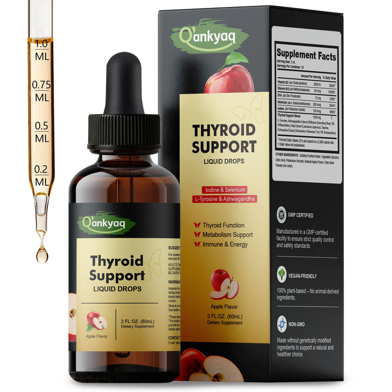 [Australia] - Q'ankyaq Thyroid Support Liquid Drops, Thyroid Support for Women & Men, with Iodine, Selenium, Zinc, L-Tyrosine & Ashwagandha, Hormone Balance, Metabolism, Immune & Energy Support, Vegan, 60ML 