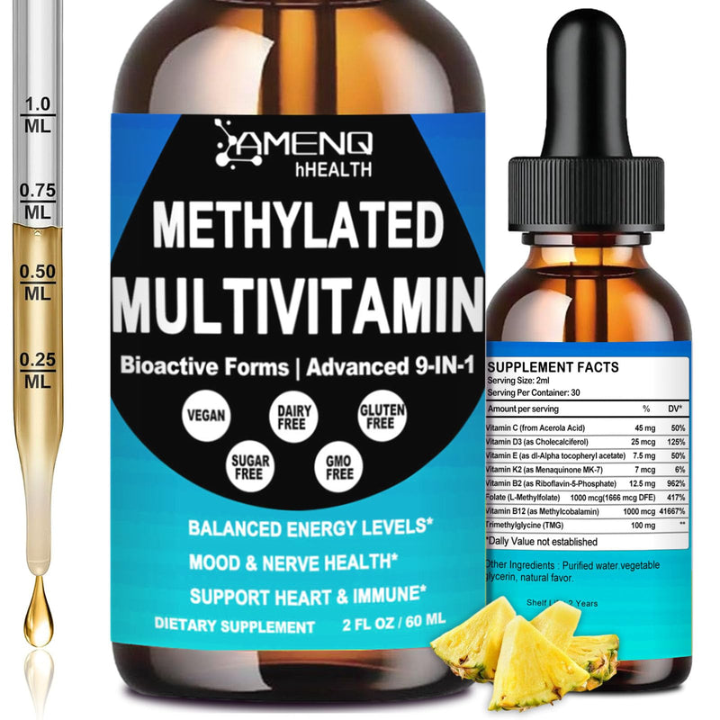 Methylated Multivitamin for Men Women & Kid, Advanced 8-in-1 Methylated B Complex w. VIT C D B12 Folate & TMG for MTHFR Energy Brain, Daily Methylated Vitamin Liquid Drop 6X Stronger Than Pill Capsule