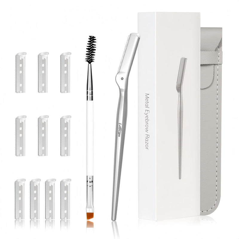 [Australia] - Stainless Steel Eyebrow Razor - Face Razors with Travel Cover & 10 Refill Blades, Eyebrow Brush - Help Exfoliate and Smooth Skin for Eyebrow, Leg, BIKINI, Facial, Beard Remove - L 