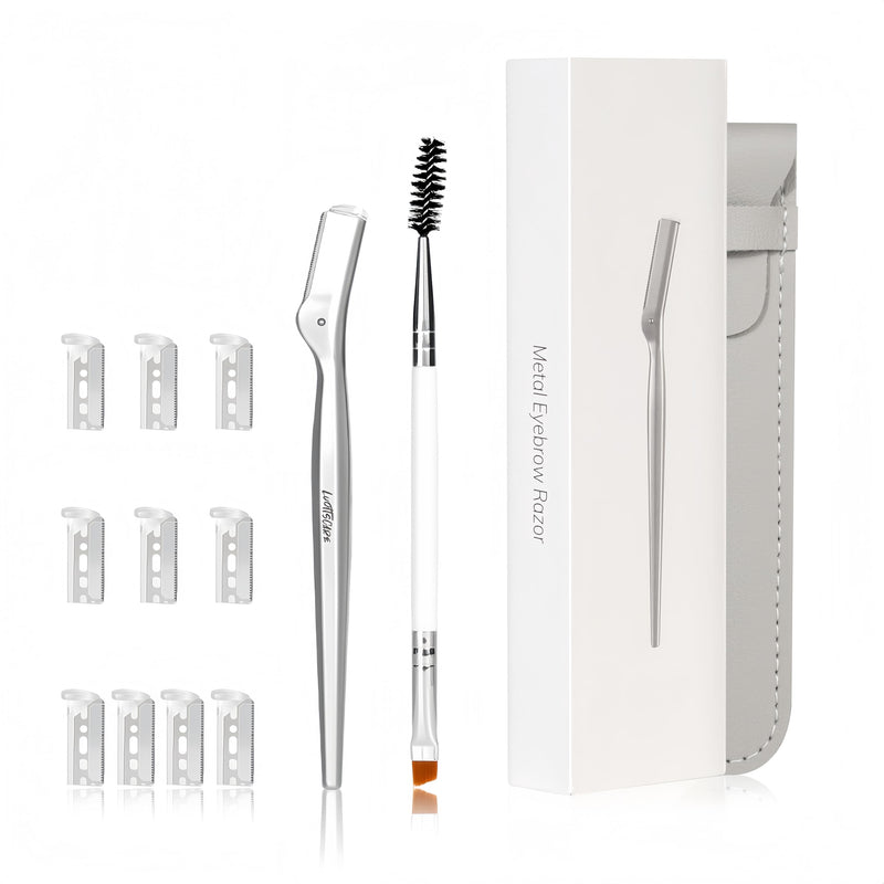 [Australia] - Stainless Steel Eyebrow Razor - Face Razors with Travel Cover & 10 Refill Blades, Eyebrow Brush - Help Exfoliate and Smooth Skin for Eyebrow, Leg, BIKINI, Facial, Beard Remove - S 