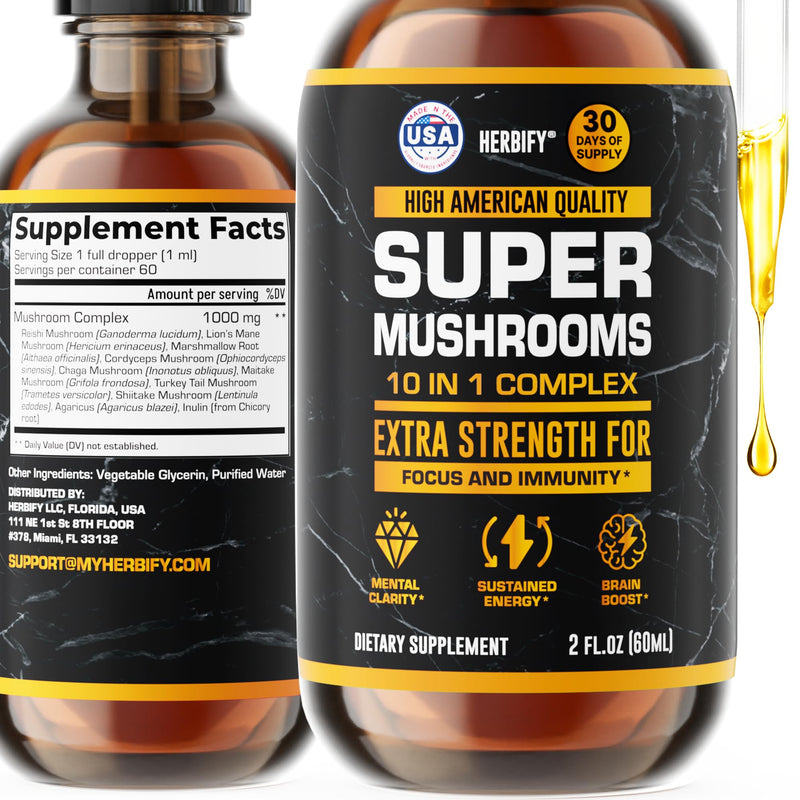 [Australia] - Mushroom Supplement - Lions Mane Reishi Cordyceps Chaga Turkey Tail Inulin & More Mushrooms For Immune Support, Energy - Premium Nootropic Brain Supplements For Memory And Focus - Made in USA 2 FL Oz 