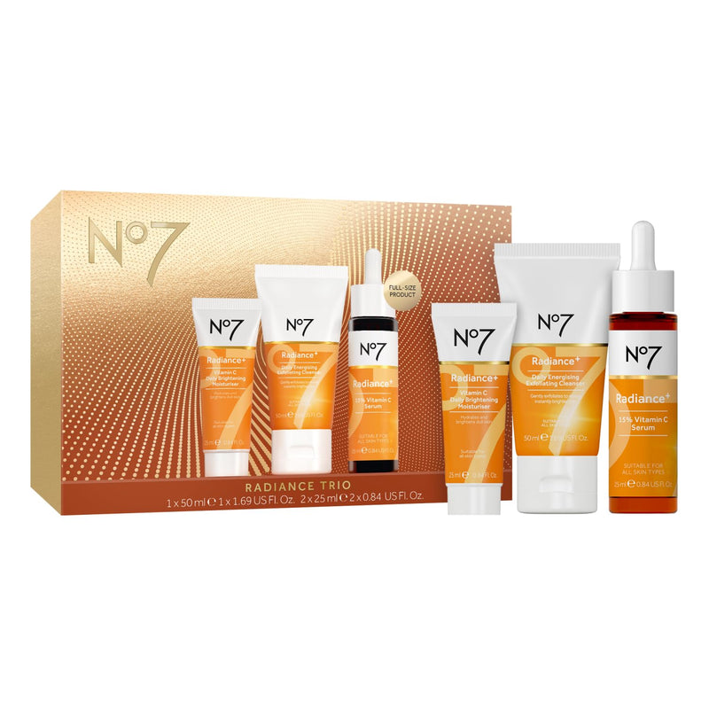 No7 Radiance Trio Gift Set - Includes Radiance+ Brightening Vitamin C Face Moisturizer, 15% Vitamin C Facial Serum, and Daily Energizing Exfoliating Face Wash (3 pieces)