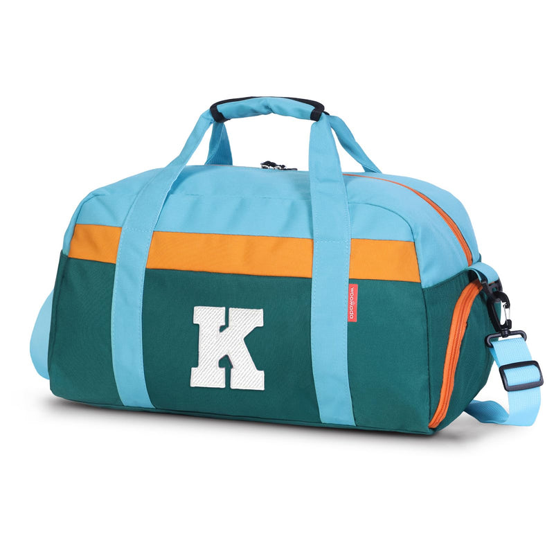 Initial Kids Duffle Bag for Boys or Girls, Kids Overnight Bag with Shoe Compartment, Personalized Weekender bags, Birthday Gifts for Women Boys Girls(Green Blue-Letter K) Green Blue