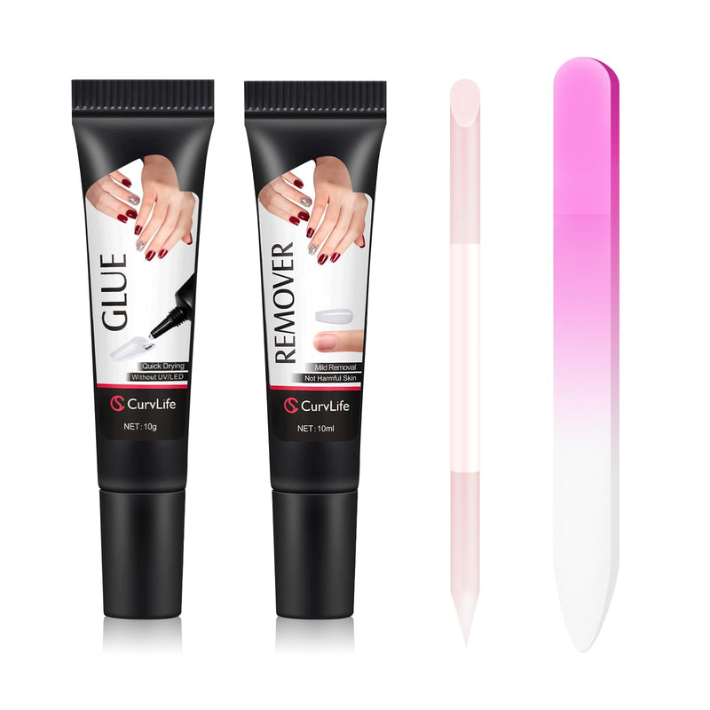 Curvlife 10g Semi Solid Nail Glue and 10ml Nail Glue Remover Kit for Press On Nails - 4pc Professional Set with Czech Glass File & Cuticle Pusher for Flawless Application & Removal