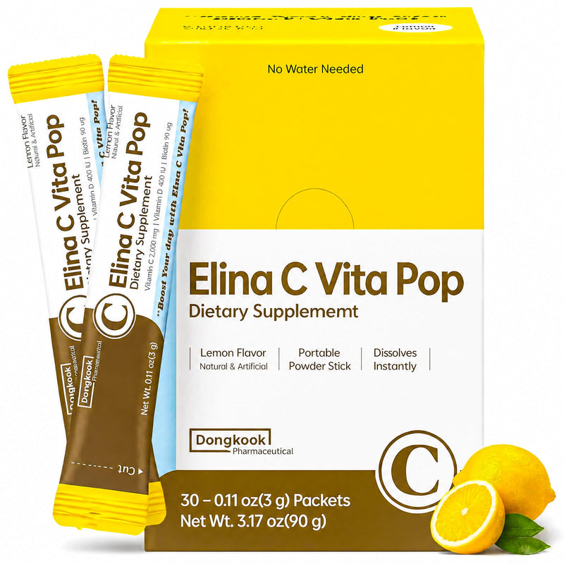 DONGKOOK Vita Pop Korean Vitamin C Powder 2,000mg Zero Sugar Vitamin D & Biotin Stick, Lemon Drink Mix, Vitamin C Supplements Immune Support & Bioavailibity for Max Absorption, Non-GMO 30 Packets 0.11 Ounce (Pack of 30)