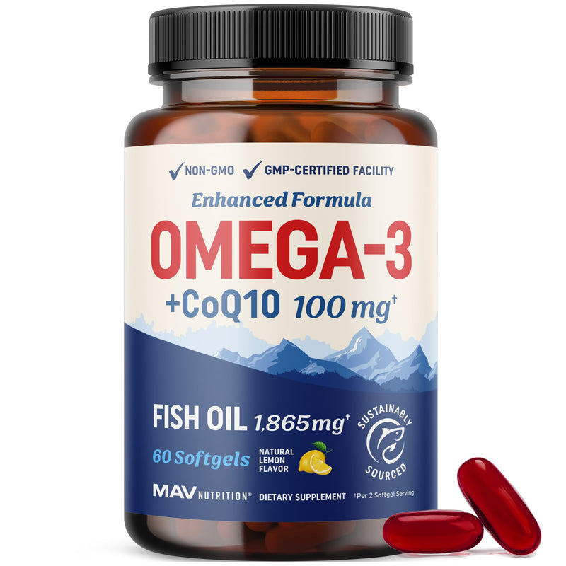 [Australia] - Omega 3 Fish Oil + Co Q10 | 1305MG Omega-3 with CoQ10 100MG for Heart Health, Cellular Energy, and Antioxidant Support | Co Q 10 + Omega3 | Coenzyme Q10 Fish Oil Supplements | Non-GMO | 60 Ct 