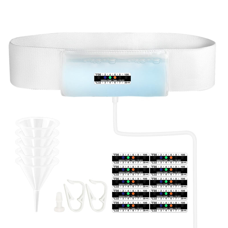 Urine Test Complete Kit with 2-4 oz Sample Pouch, 43.3 inch Concealed Stretch Belt with 5 Liquid Release Outlets, Temperature Strips, Silicone Funnel, Clamps and Plug, Reusable Storage System (White) White-001