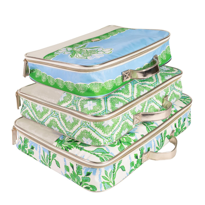 Lilly Pulitzer Packing Cubes Set of 3, Swayin in the Breeze | Resort Ready Polyester & Mesh Suitcase Luggage Organizers in 3 Sizes with Metallic Leatherette Trim & Handles for Travel