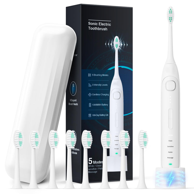 Electric Toothbrush for Adults and Kids Rechargeable Sonic Toothbrush with 5 Modes 2-Min Smart Timer IPX7 Waterproof 40,000 VPM Motor with 8 Brush Heads & Travel Case (White, 1Pack)