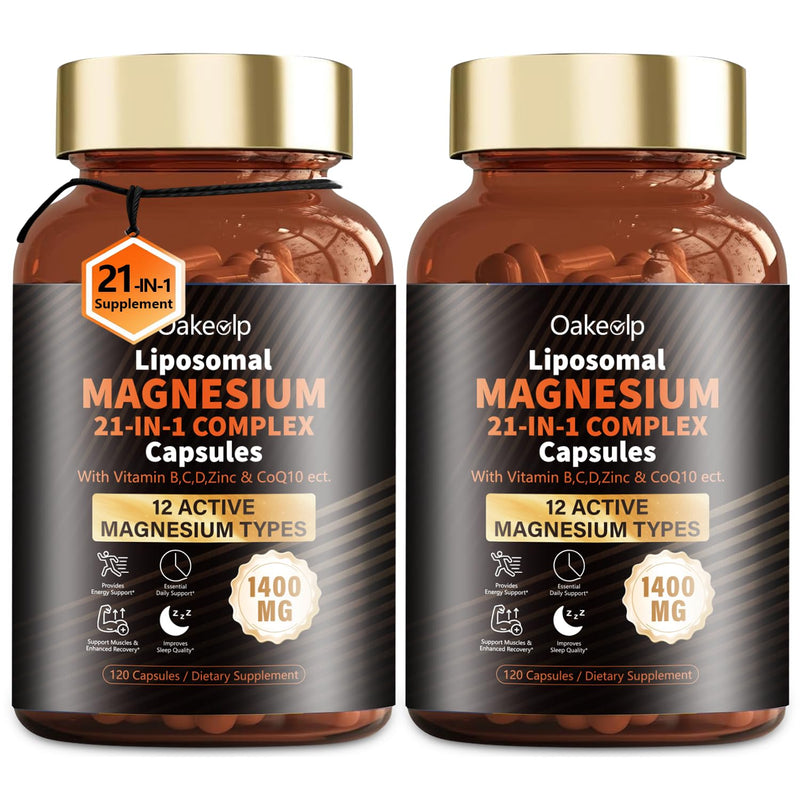 2 Packs Liposomal 12 Active Types Magnesium Complex 1400mg (Glycinate,Citrate,Malate etc) Capsule - with Vitamin D3, B6, B12, Ashwagandha & CoQ10 for Adult-Support Relaxation,Muscle & Heart 12 Types Magnesium Tasteless 120 Count (Pack of 2)