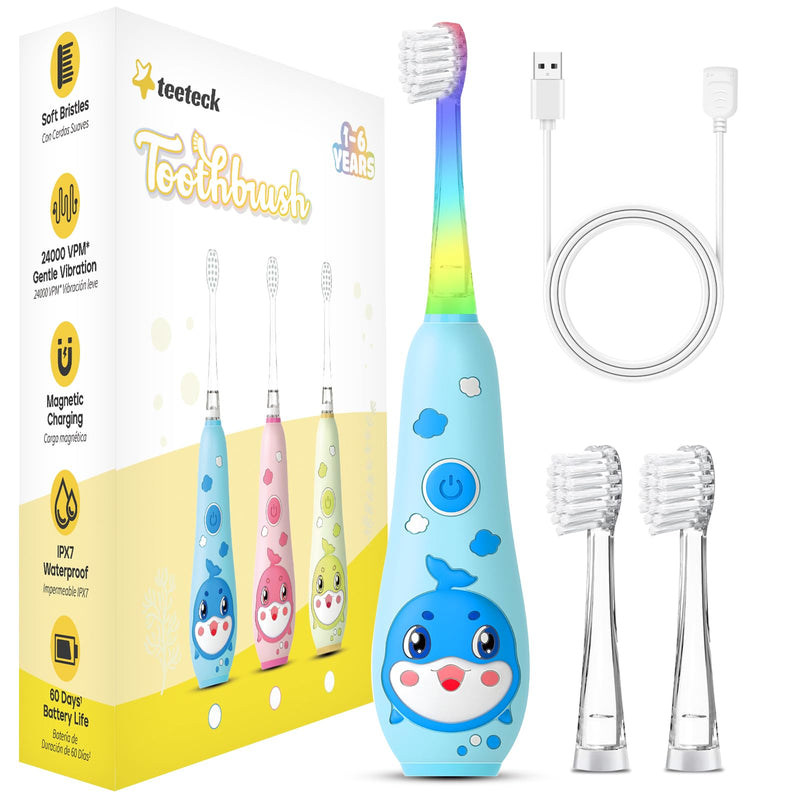 [Australia] - teeteck Electric Toothbrush for Kids - Toddler Electric Toothbrush with Magnetic Charging, Includes 2 Brush Heads, Magnetic USB Charging Cable for Ages 1-6 Boys Girls (Blue) Blue 