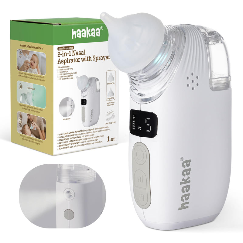 [Australia] - Haakaa Nasal Aspirator for Baby, 2-in-1 Electric Baby Nasal Aspirator with Sprayer ‚Äì Baby Nose Sucker, Nose Sucker for Baby ‚Äì 5 Adjustable Suction Levels up to 65kPa, Quiet, Music & Lights 