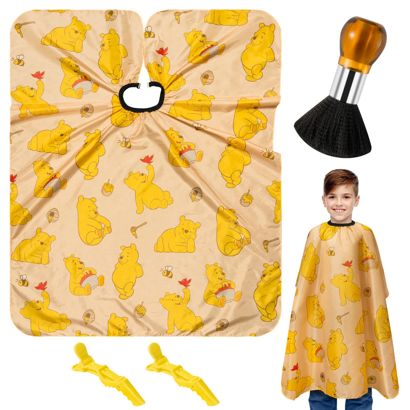 Barber Cape Duster Brush Clip Set- Cute Yellow Bear Theme Kids Hair Cutting Set Hairdressing Adjustable Neck Cape Hair Brush Duster With Clips Salon Barber Supplies for Children Boys Girls