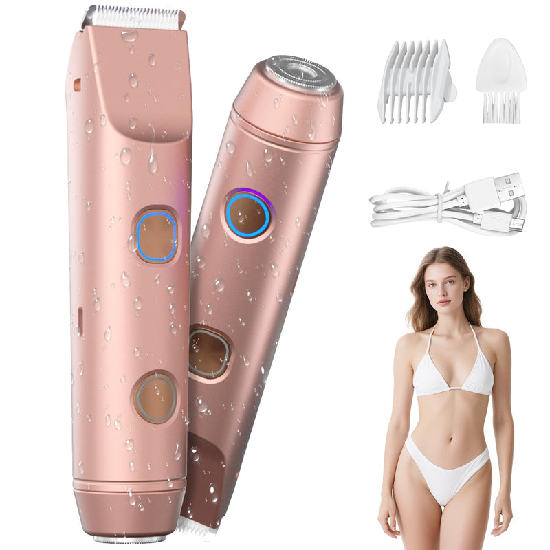 [Australia] - 2-in-1 Bikini Trimmer for Women, Shaver & Razor Dual Heads with Independent Switches, IP67 Waterproof, USB-C Rechargeable, Wet/Dry Hair Removal for Bikini Underarms Legs Face (Rose Gold) Luxe Rose Gold 