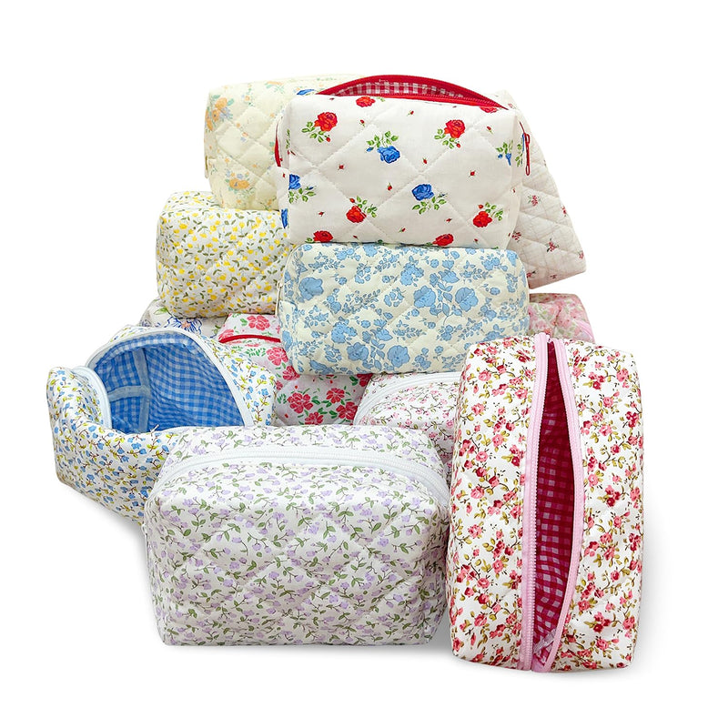 12 PCS Cotton Quilted Makeup Bags Bulk with Zipper-Graduation Gifts Floral Bridesmaid Gifts Cosmetic Makeup Pouch Birthday Gifts for Women/Mothers Day/Teacher Appreciation Gift (12 Pack) 12 PACK
