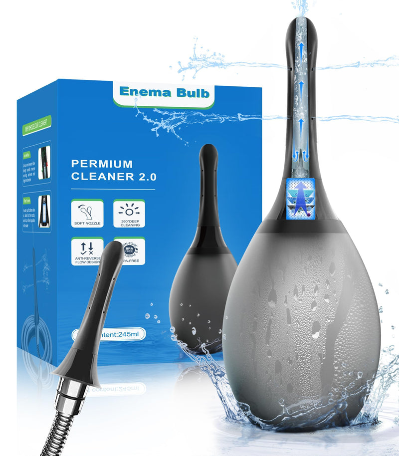 [Australia] - Anal Douche Enema Bulb Kit for Men - 8.3oz, Anti-Backflow & Leakproof, Flexible Silicone Tube, 7 Spouts, Shower-Connected, Portable Douche for Colon Cleansing, Fecal Impaction, Travel and Home, Black 8.5 Ounce 