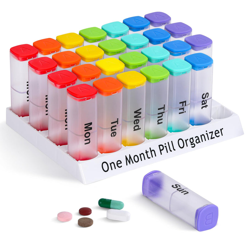 CAidRE 28 Day Pill Box, Clear Extra Large Vitamin Dispenser AM PM | 4 Week Transparent Medication Organizer, Moisture Proof Travel Pods Twice Daily, Instantly Track Your Supplements Clear1 monthly pill oeganizer