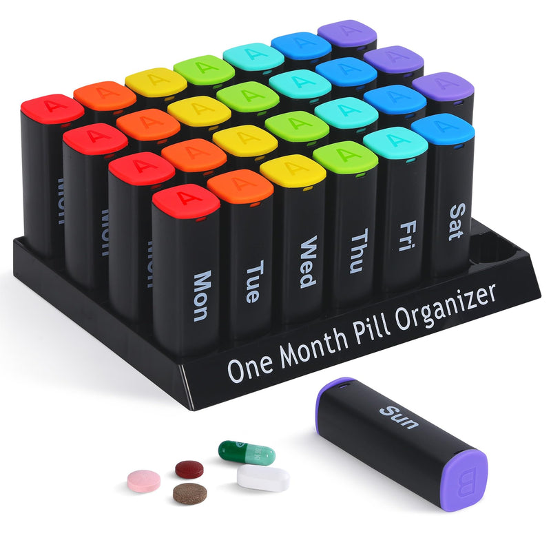 CAidRE Monthly Pill Organizer AM PM, Black XL Medication Box | 28 Day Moisture Proof Case for Vitamins and Supplements, Travel Friendly Individual Pods, Discreet 4 Week Storage Black1 monthly pill oeganizer