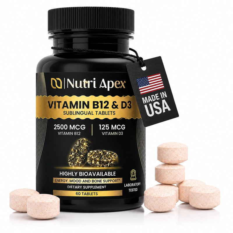 Vitamin B12 and D3 Sublingual Tablets – 2500mcg B12 (Methylcobalamin) + 5000 IU D3 (Cholecalciferol) Fast-Absorbing for Energy, Mood, Immune & Bone Health – Non-GMO, Soy-Free, Made in USA, 60 Tablets 60 Count (Pack of 1)