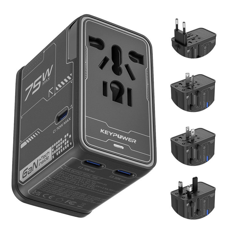 Universal Travel Adapter 75W GaN, International Power Adapter | All in One Travel Plug Adapter with 3 USB C, 1 USB A, Worldwide Outlet Wall Charger Converter for EU US UK AU 200+ Countries.
