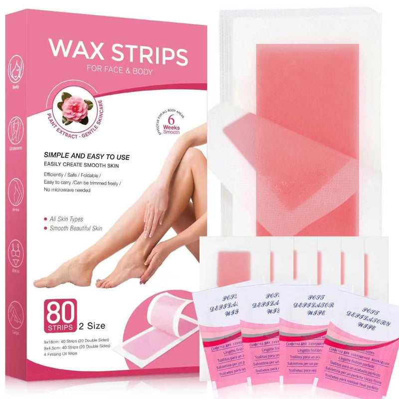 [Australia] - Wax Strips for Hair Removal, Wax Strips, Waxing Kit For Women Face, Body, Arms, Legs, Chest, Back, Bikini Wax Strips, Waxing Hair，Removeal Kit with 80PCS + 4 Calming Oil Wipes 1 Count (Pack of 80) 
