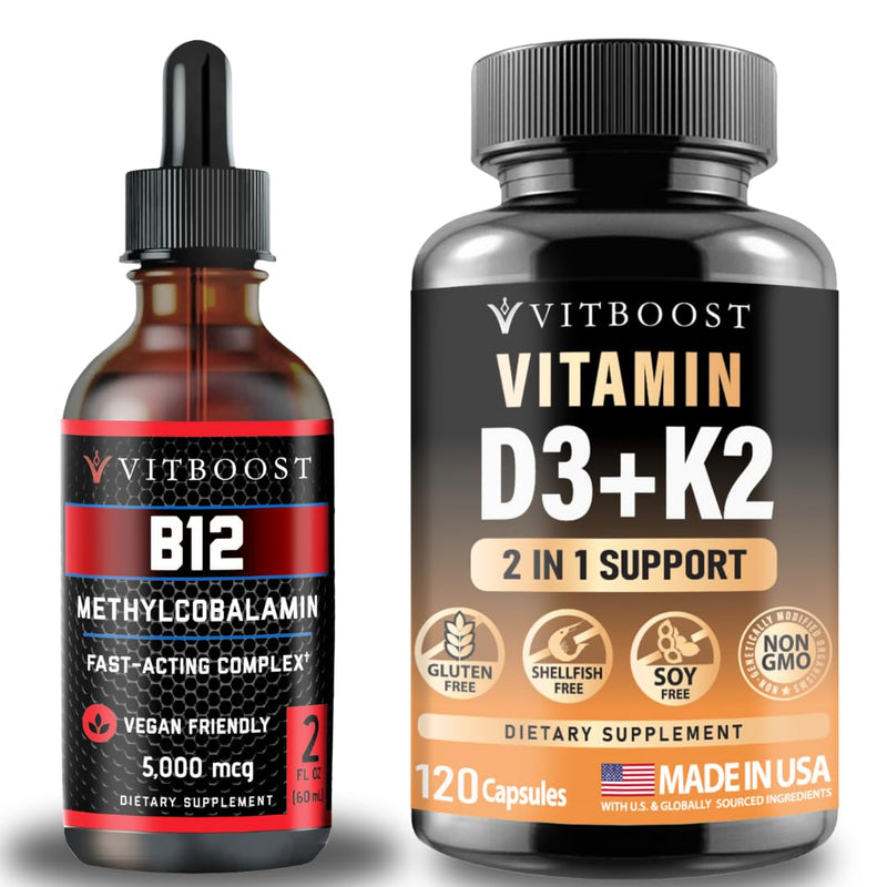 VITBOOST Vegan Liquid B-12 Drops – 60 x 5000 mcg with Vitamin D3 K2 Complex