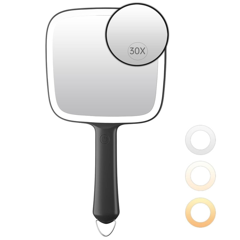 Famihomii Hand Mirror with 30X Magnifying Detachable Mirror, Lighted Handheld Mirror, Lightweight & Durable, Portable & Hangable for Makeup, Hair Styling, Shaving, Battery Operated Black+30x