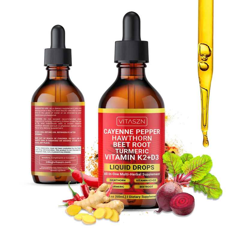 [Australia] - Cayenne Pepper Drops Liquid Supplement with Hawthorn Berry, Vitamin D3 + K2, Beet Root, Ceylon Cinnamon, Turmeric Curcumin, Panax Ginseng & Berberine Vegan-Friendly, Easily Absorbed 2oz - 60ml 