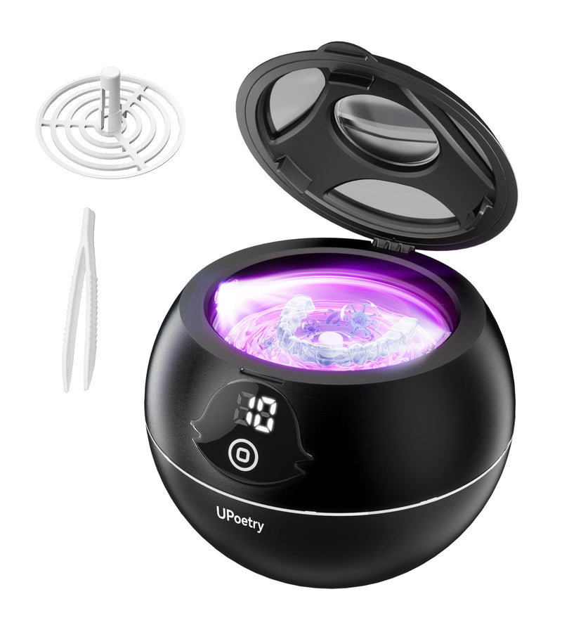 [Australia] - Ultrasonic Retainer Cleaner, 45kHz Retainer Cleaner Machine with Digital Timer & 4 Modes, 200ML Portable Dental Cleaning Pod for Aligners, Dentures, Night Guards, Braces, Jewelry, Black 