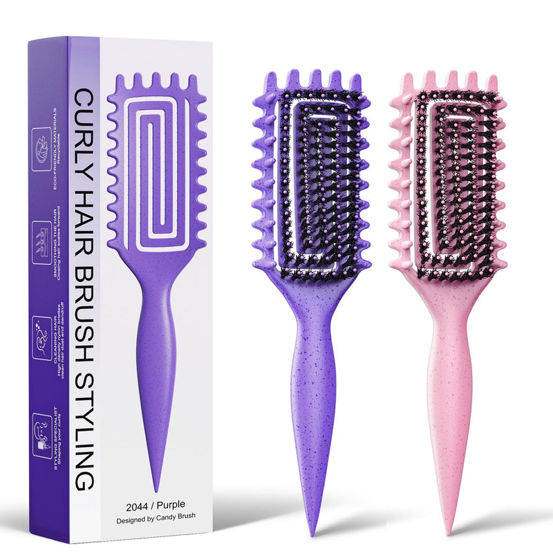 2-Pack Curly Hair Brush, Curl Defining Brush with Soft Boar Bristles Detangling Tangled Glides, Wide-Teeth Design Effortlessly Shaping & Defining Curls, Curling Definer for Wet & Dry Hair(Pink Purple) Pink Purple