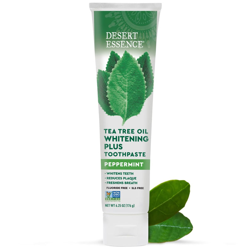 [Australia] - Desert Essence Tea Tree Oil Whitening Plus Toothpaste - Peppermint - 6.25 Oz - Antiseptic Tea Tree Oil - Zinc Citrate - Baking Soda - Freshens Breath - Reduced Plaque - Fluoride Free 