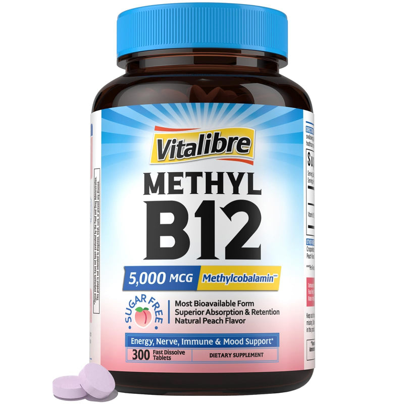 Vitalibre Vitamin B12 5000 mcg, Sublingual Methylcobalamin | Natural Peach Flavor, Nervous System Health, Energy Support, No Sugar, 300 Fast Dissolve Tablets 300 Count (Pack of 1)