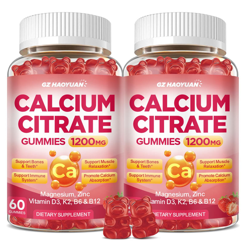 Calcium Citrate Gummies - 1200mg Calcium Gummies Supplements for Women & Men with Vitamin D3, K2, Magnesium, Zinc High Absorption for Bone, Muscle & Immune Support, Strawberry Flavor, 120 Count 60 Count (Pack of 2)