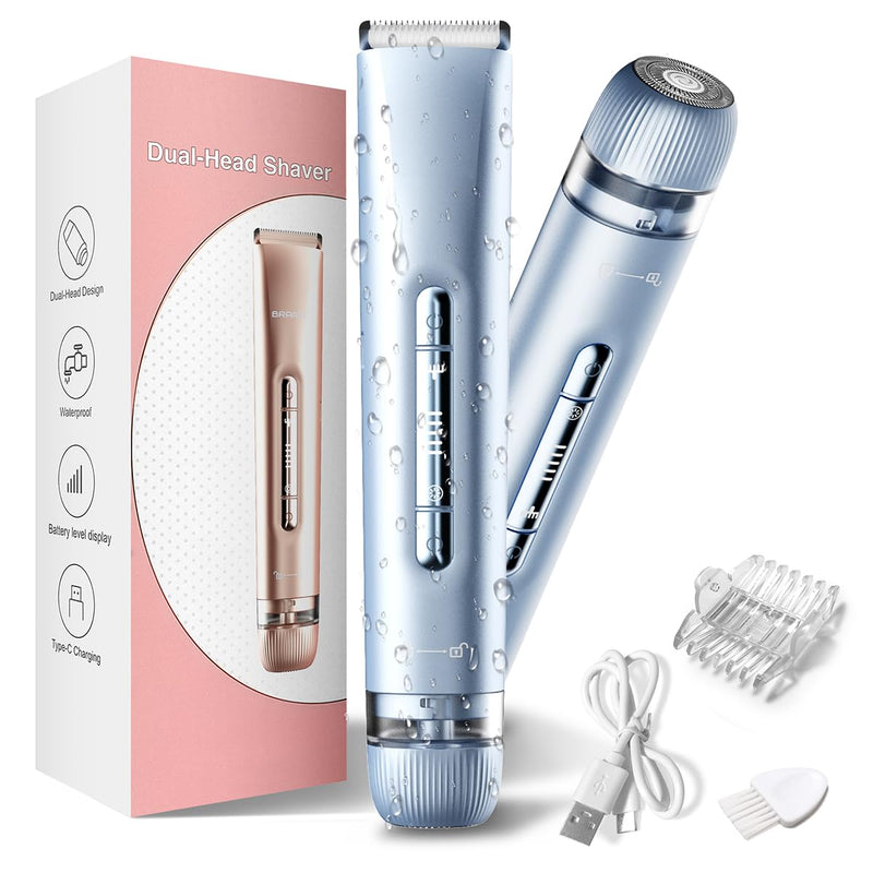 Bikini Trimmer for Women,2 in 1 Dual Head Women Electric Shaver,IPX7 Waterproof Womens Electric Razor for Pubic Hair,Wet & Dry Use Electric Razors for Legs,Private Area,Body Hair Blue