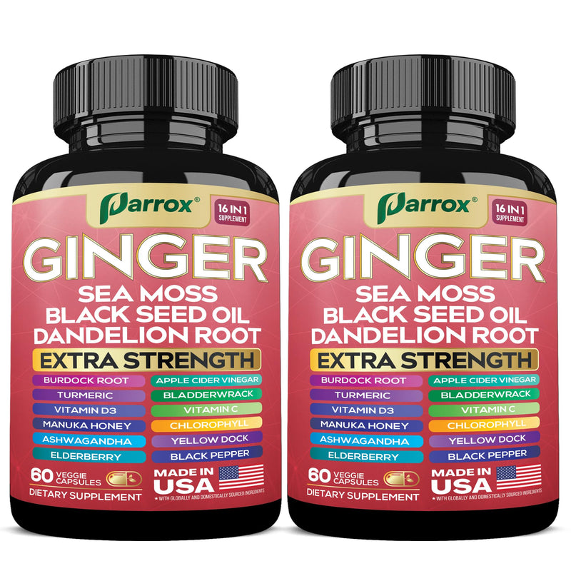 Ginger Sea Moss Herbal Supplement, 16-in-1 Black Seed Oil & ACV, 2 Pack | Black Seed Oil, Ashwagandha, Turmeric, Bladderwrack, Burdock, Vitamins C & D3, Elderberry, Manuka, ACV 60 Count (Pack of 2)