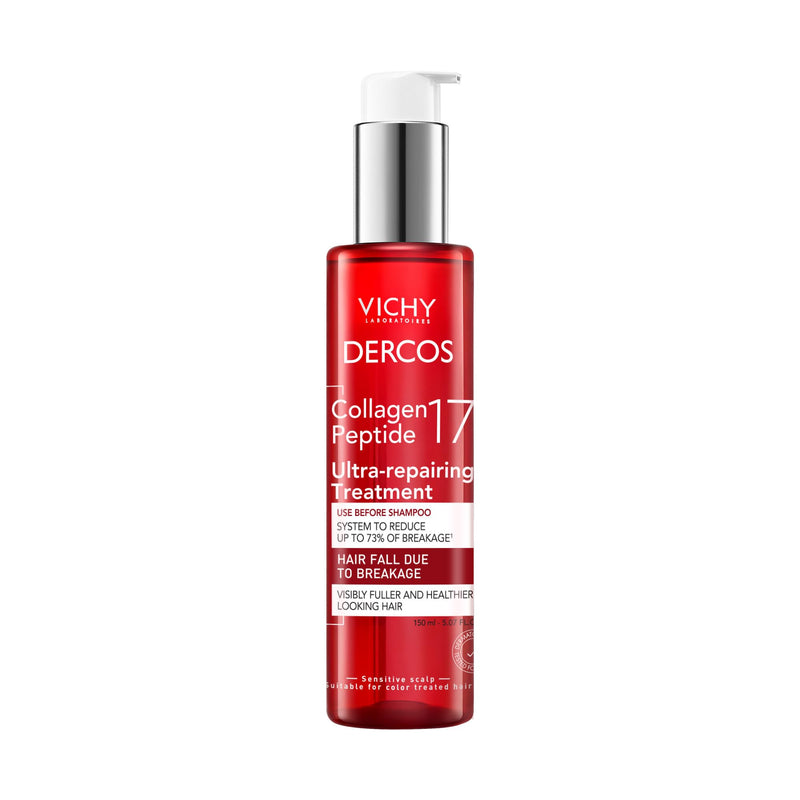 Vichy Dercos Ultra-Repairing Bond Repair Hair Treatment, Strengthens, 150ml | Using Collagen Peptide 17, this pre-shampoo treatment helps reduce hair fall and breakage, preps & protects damaged hair.