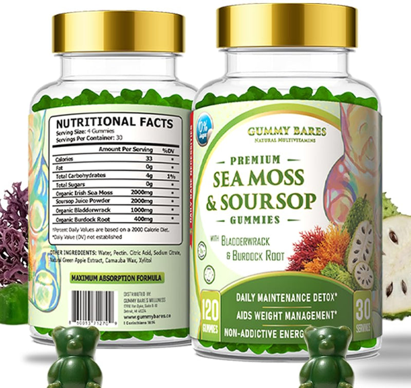 Sea Moss & Soursop Gummies - Organic Irish Sea Moss, Sour SOP Multivitamin, Soursop Bitters, Seamoss & Sea Grapes | Vegan, Sugar-Free (120 ct) | Gummy Bares