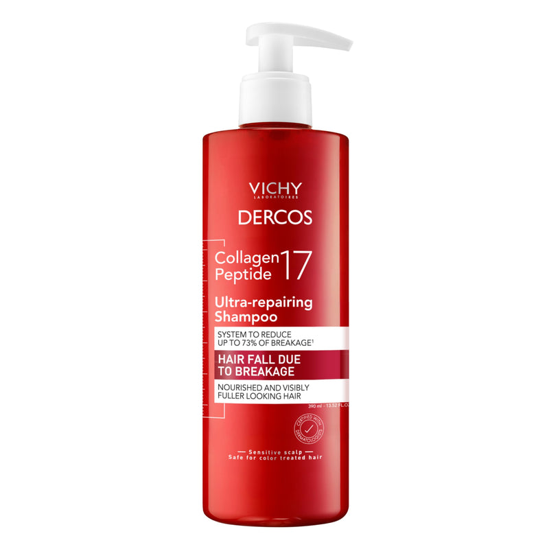 VICHY Dercos Collagen Peptide 17 Ultra-Repairing Shampoo, Anti Hair Fall & Bond Repair for Damaged Weak Hair, Strengthens, Reduces Breakage, Boosts Volume 13.52 Fl Oz (Pack of 1)