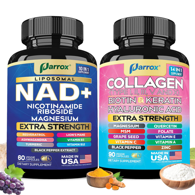 NAD+ & Collagen Anti-Aging Bundle, Resveratrol, Forever Young Set | Liposomal NAD, Nicotinamide Riboside, Magnesium, Resveratrol, Lion's Mane, Collagen I-X, Biotin & Keratin