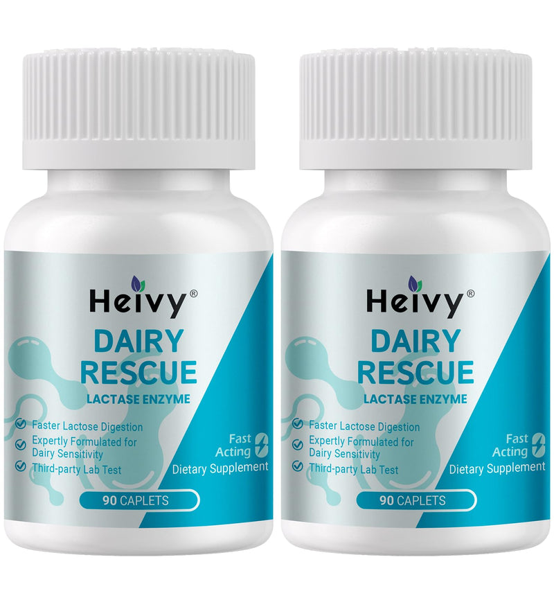 [Australia] - Heivy Lactase Enzyme 3000 FCC Dairy Relief Fast Acting Supplement, Lactose Intolerance Pills 90 Caplets, Vegan, Non-GMO, Gluten & Dairy Free, Made in USA(2 Pack) 90 Count (Pack of 2) 