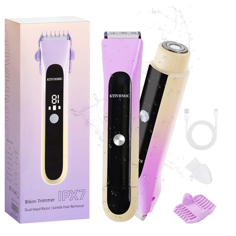 [Australia] - 2 in 1 Electric Shaver Bikini Trimmer for Women with Digital Display, Dual Head LED Arrow Indicator, IPX7 Waterproof Wet & Dry Use Electric Razor for Leg Arm Body Face Bikini 