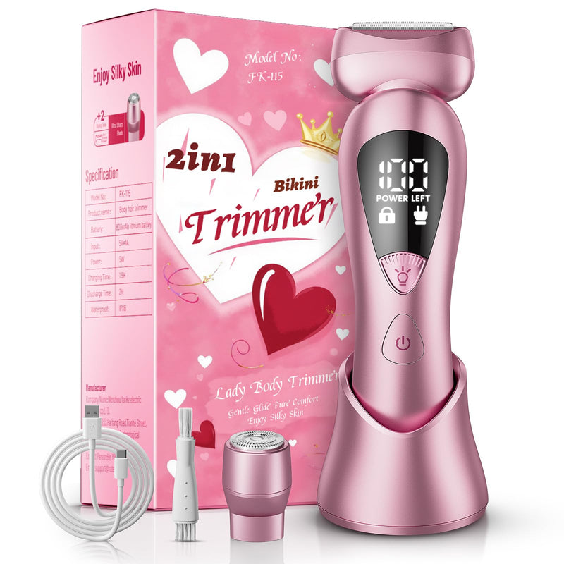 [Australia] - Electric Bikini Trimmer for Women: Rechargeable Painless Shaver for Body Hair - IPX7 Waterproof Cordless Razor with LED Display for Face/Leg Light Pink 