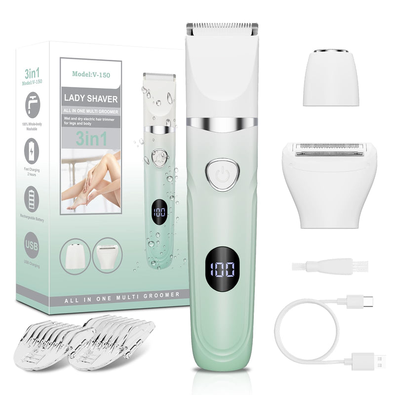 Bikini Trimmer for Women, 3-in-1 Painless Electric Razors for Silk Skin, Wet/Dry Body Hair Shaver for Face Nose Eyebrow Arms Armpit Legs Pubic Area, IPX7 Waterproof, Ceramic Blade