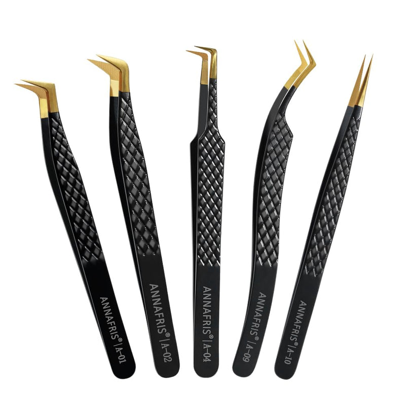 Lash Tweezers for Eyelash Extensions,Precision Fiber Tip for Volume Eyelash Extension,Lash Extension Tweezers for Easy Application and Removal (Black, 5PCS-01) Black