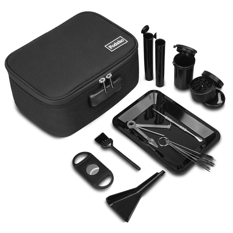 PODAHO Black Travel Odorless Bag with 10PCS Accessories, Portable Smell Proof Box Case with Lock, Great Gift for Friends.